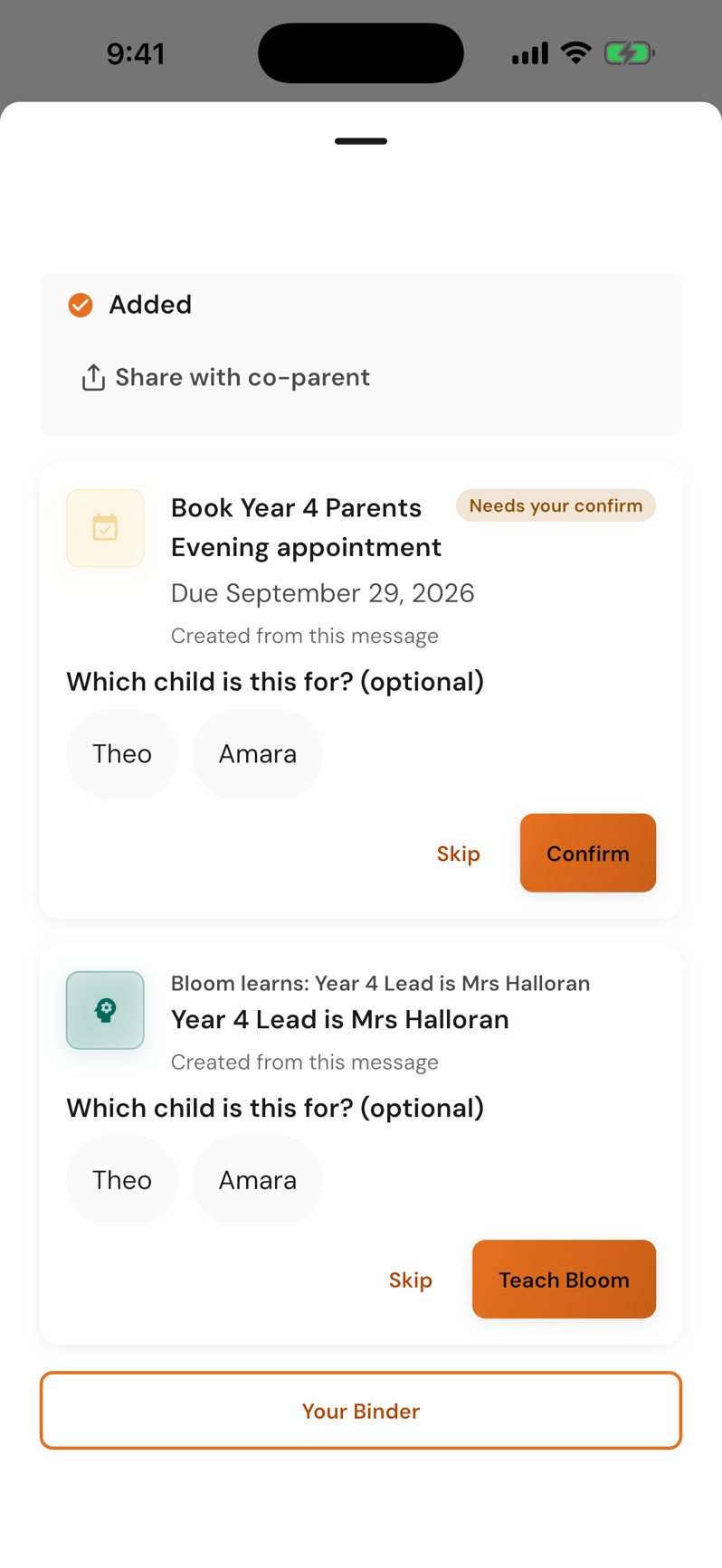 The Binder after a forwarded school email: two events added and shared with the co-parent, a parents’ evening booking waiting to be confirmed, and Bloom learning Theo’s teacher’s name