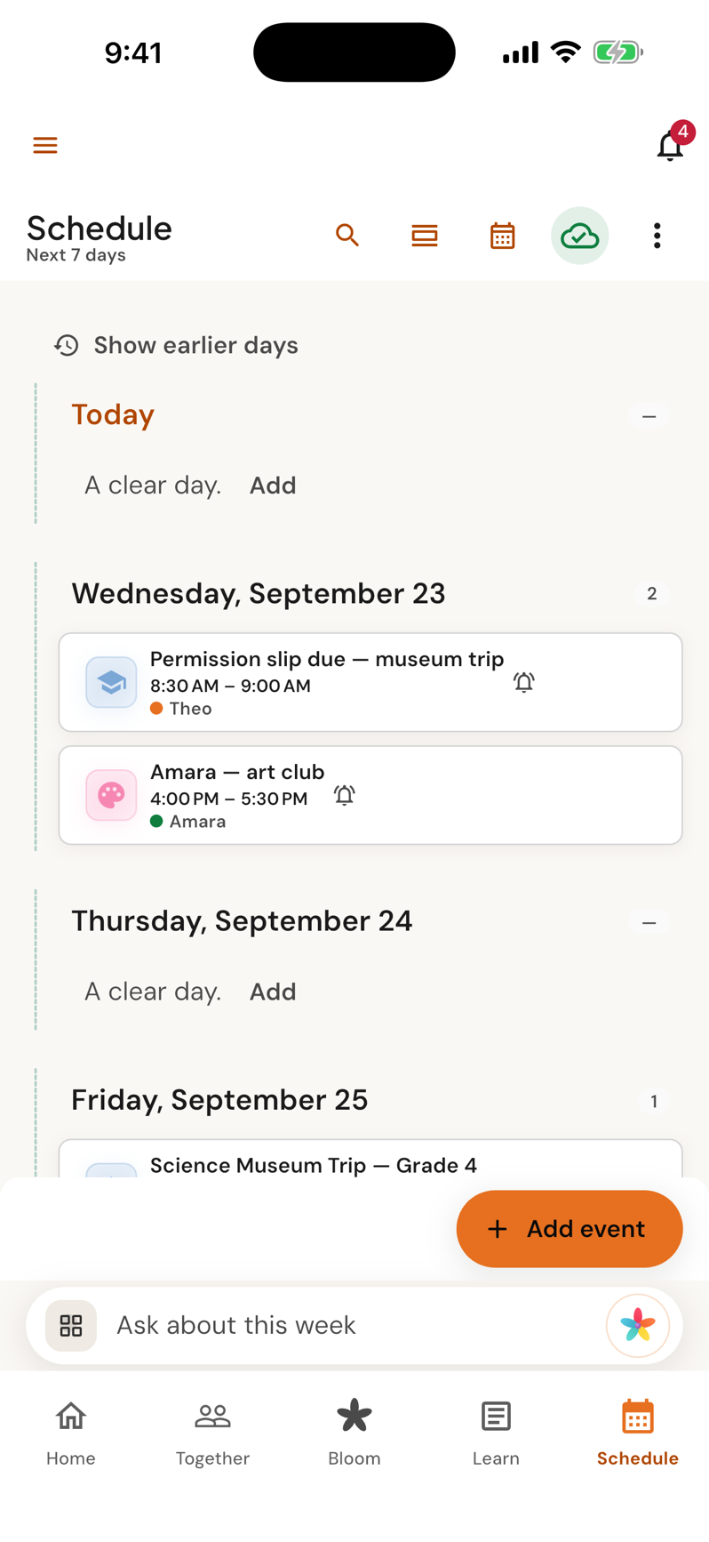 The schedule for the next seven days: a museum-trip permission slip for Theo and Amara’s art club on Wednesday, quiet days marked clear, and an Add event button