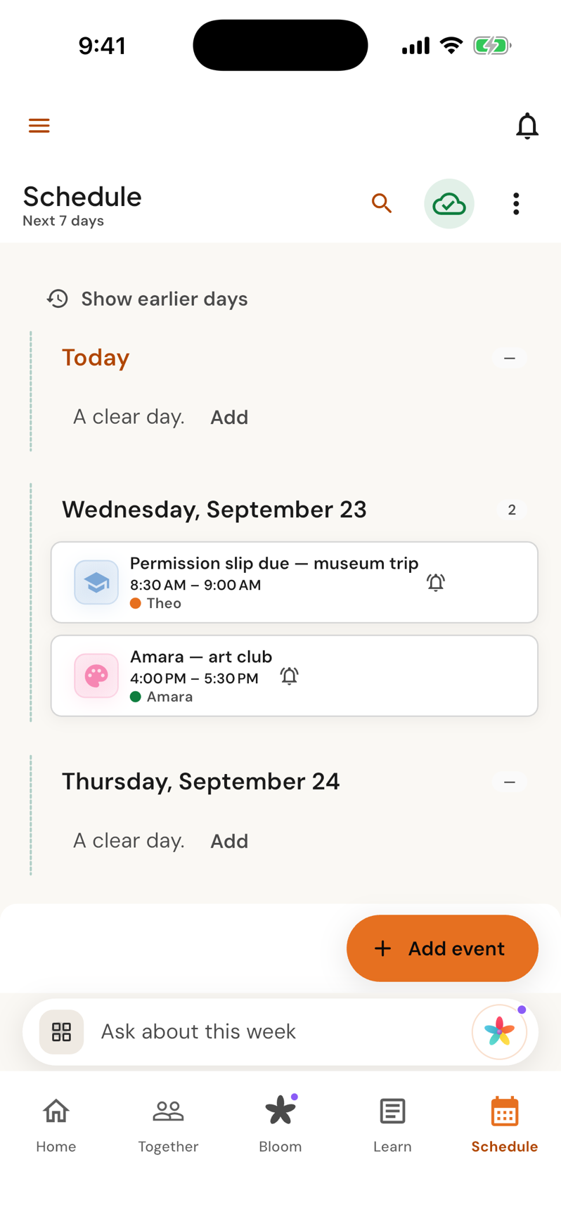 The same week from the other parent’s side: the museum-trip permission slip and Amara’s art club are in his schedule too, and quiet days say so