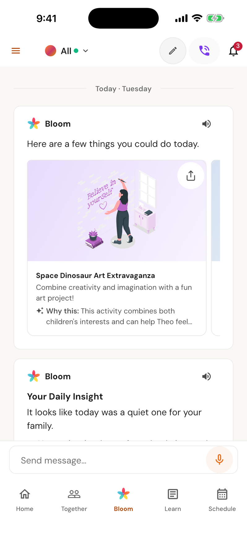 Bloom’s hub: a few things you could do today, starting with a space-dinosaur art project picked for Theo, and today’s insight