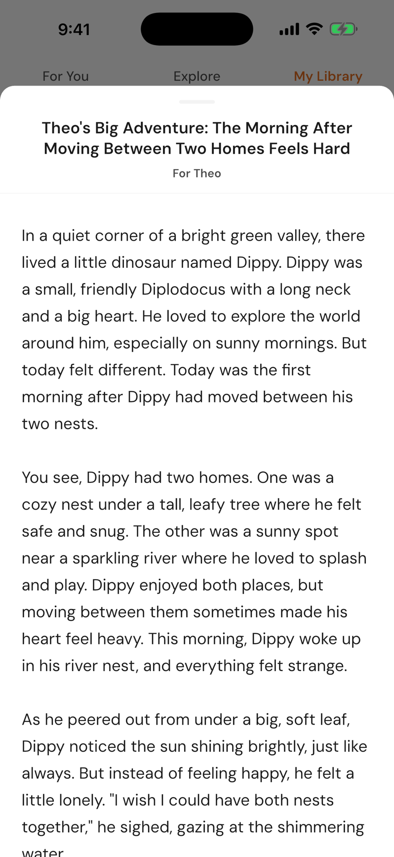 Tonight’s story, open: “Theo’s Big Adventure”, about a little dinosaur with two homes